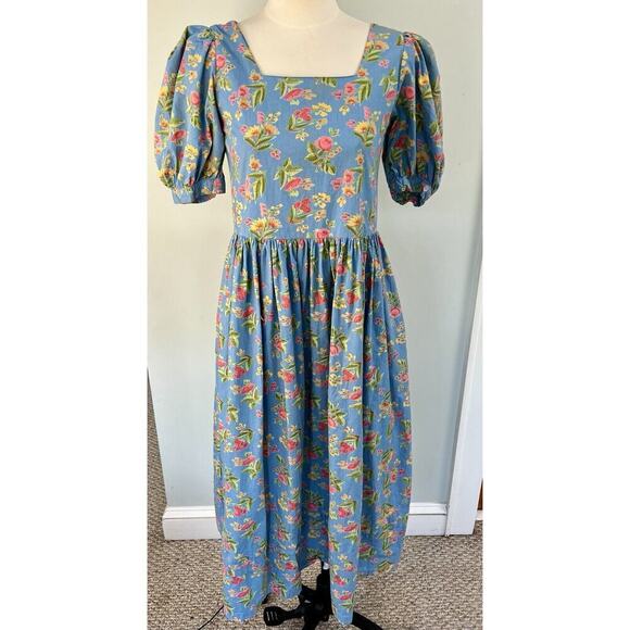 Komil Dresses & Skirts - VTG Komil Honolulu Dress Square Neck MIDI Blue Floral A-line Puff Sleeves SM